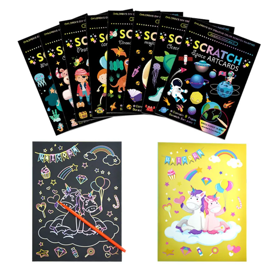 9pages Unicorn Mermaid Scratch Painting book with Wooden Pen Cartoon Magic Rainbow Color Scratch Card Back Coloring Art Gift JXB