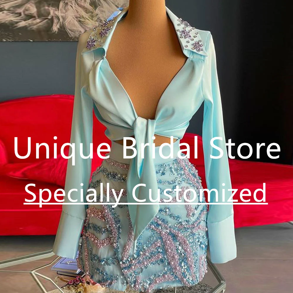 

Сексуальное атласное коктейльное платье из двух частей с длинными рукавами и бисером, модное изысканное платье с V-образным вырезом для торжественных мероприятий