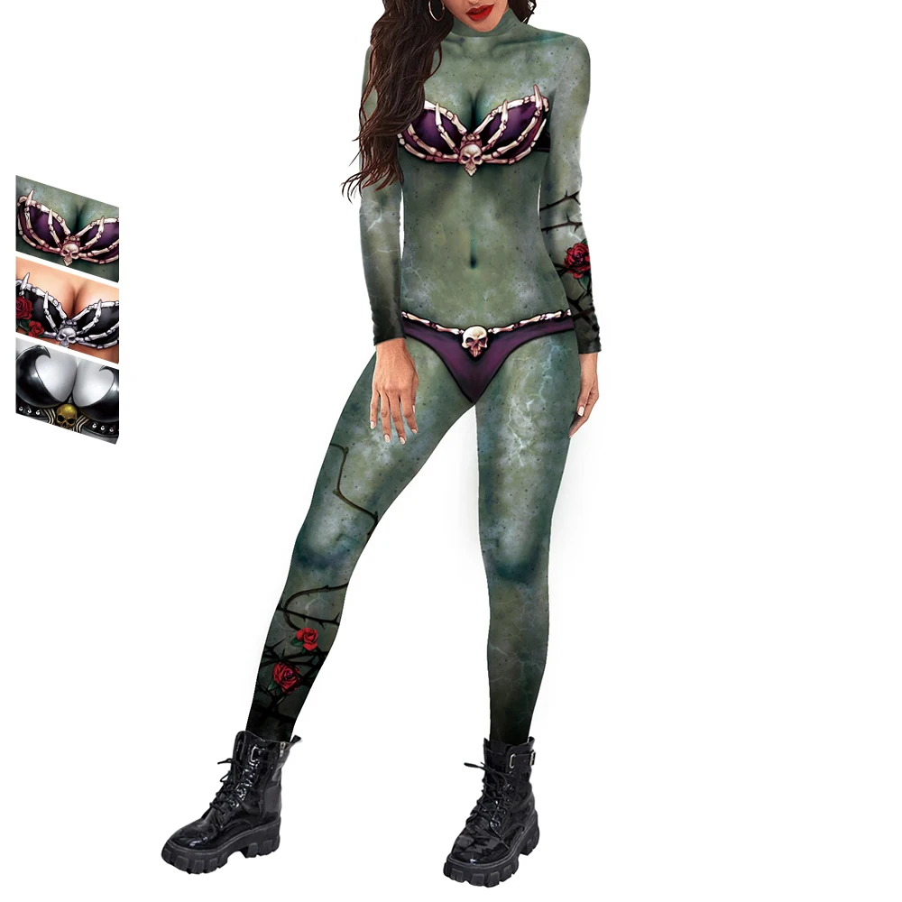 

Zawaland Halloween Women Jumpsuits Black 3D Digital Printing Party Cosplay Costume Fashion Sexy Long Sleeve Zentai Bodysuit