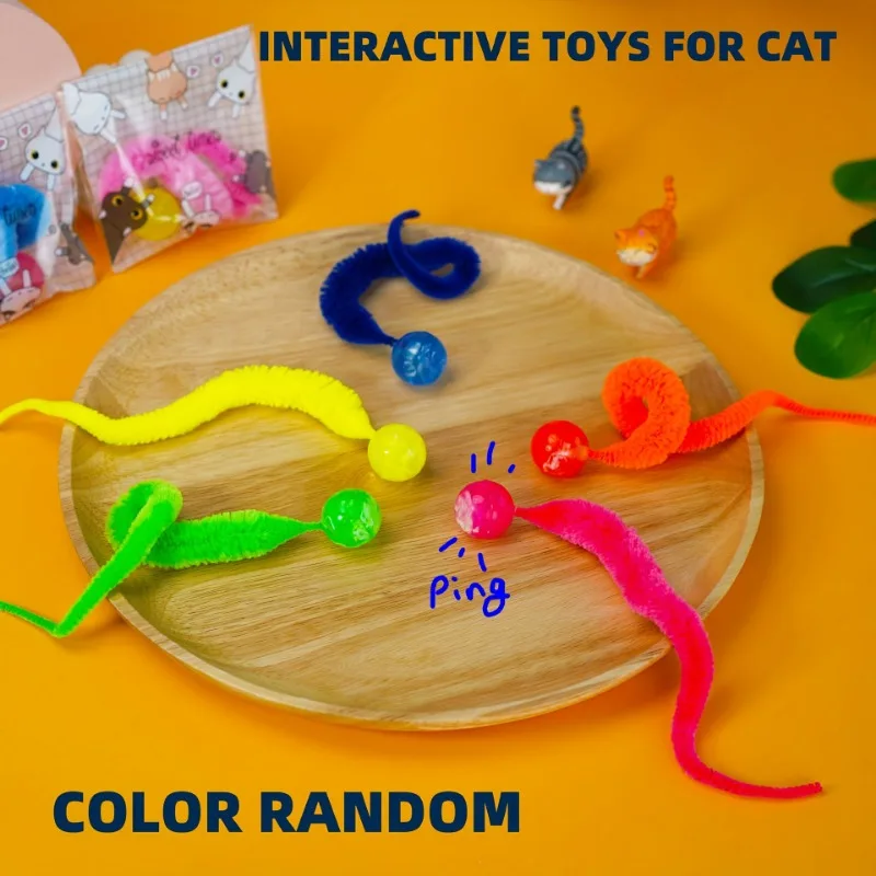 3pcs Mixed Color Elastic Cat Toys,Caterpillar Jumping Ball,Caterpillar Teasing Stick Accessories,Cat Soothing and Teasing Tool