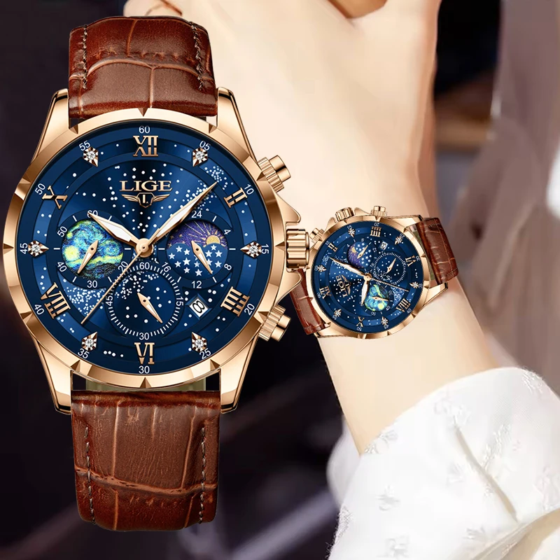 

LIGE Women's Quartz Wristwatches Fashion Leather Waterproof Watch For Women Elegant Luminous Bracelet Chronograph Reloj Mujer