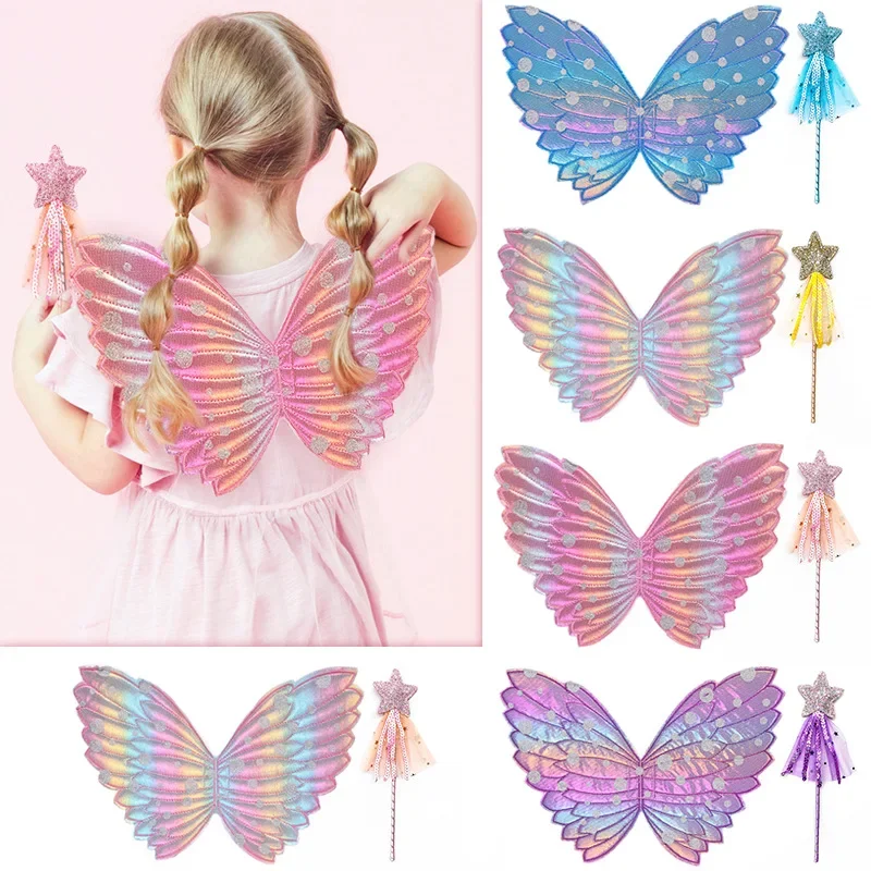 Halloween Angel Wings Fairy Wand Set Colorful Butterfly Wings Star Magic Wand Festival Prop Happy Birthday Party Decor Kids Girl