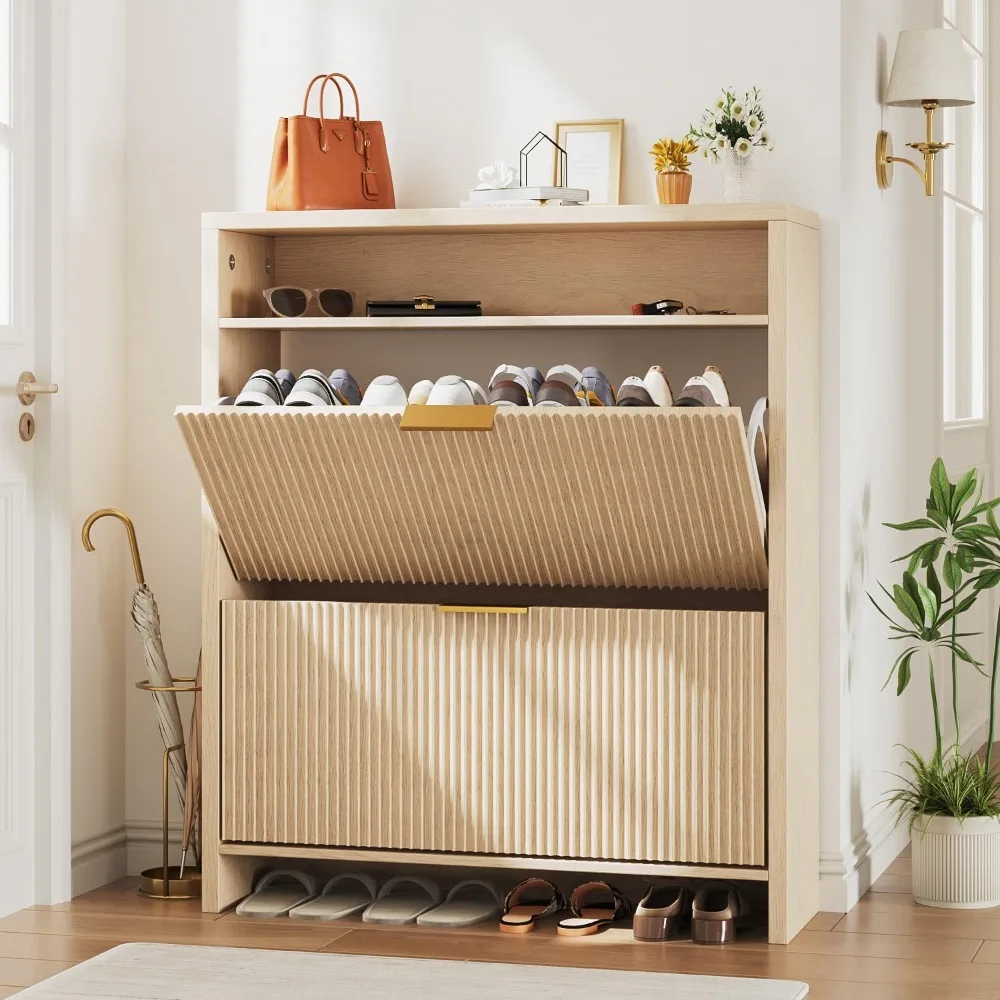 

31.5 groove shoe cabinet for entrance storage, narrow shoe storage rack, with 2 flip drawers, open compartments and gold handles