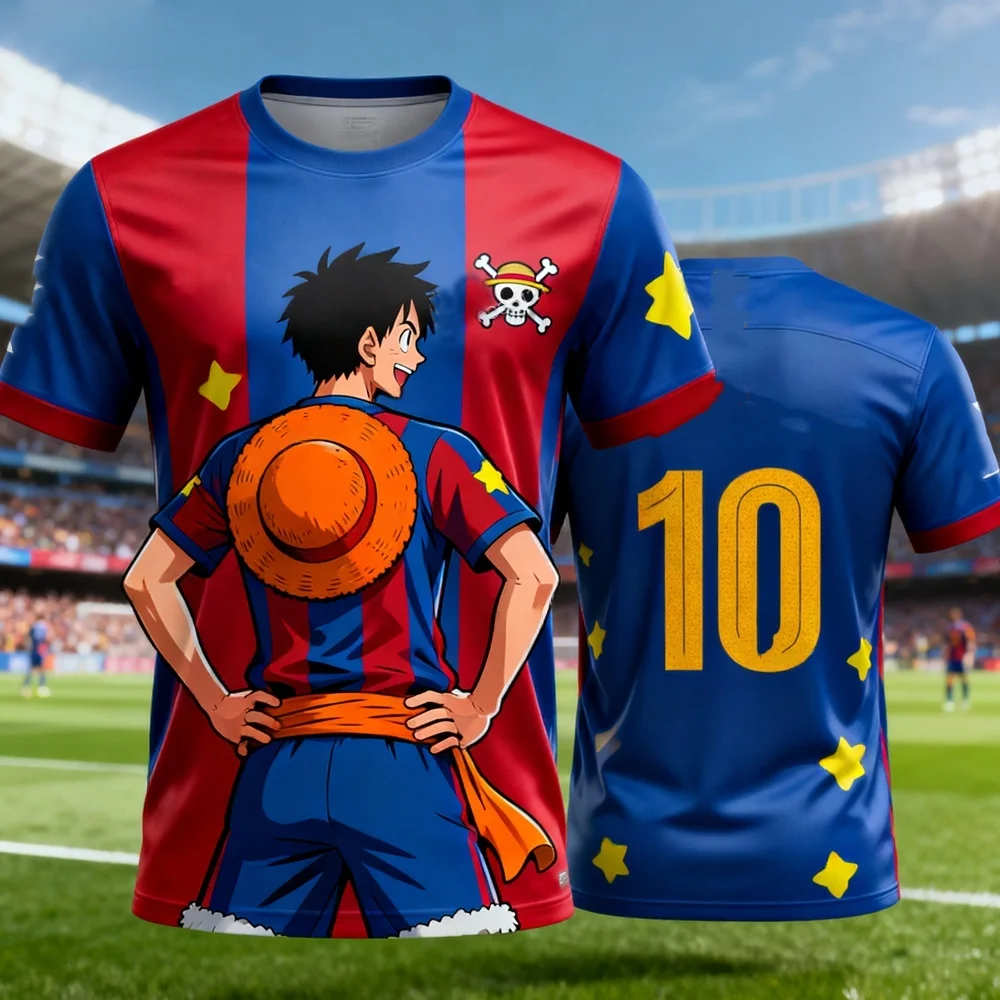 Sommer 2026 One Piece Luffy Fußballtrikot Nr. 10-Zoll-Sport-T-Shirt mit 3D-Druck, atmungsaktiv, schnell trocknend, für Männer/Frauen, Top Y2k