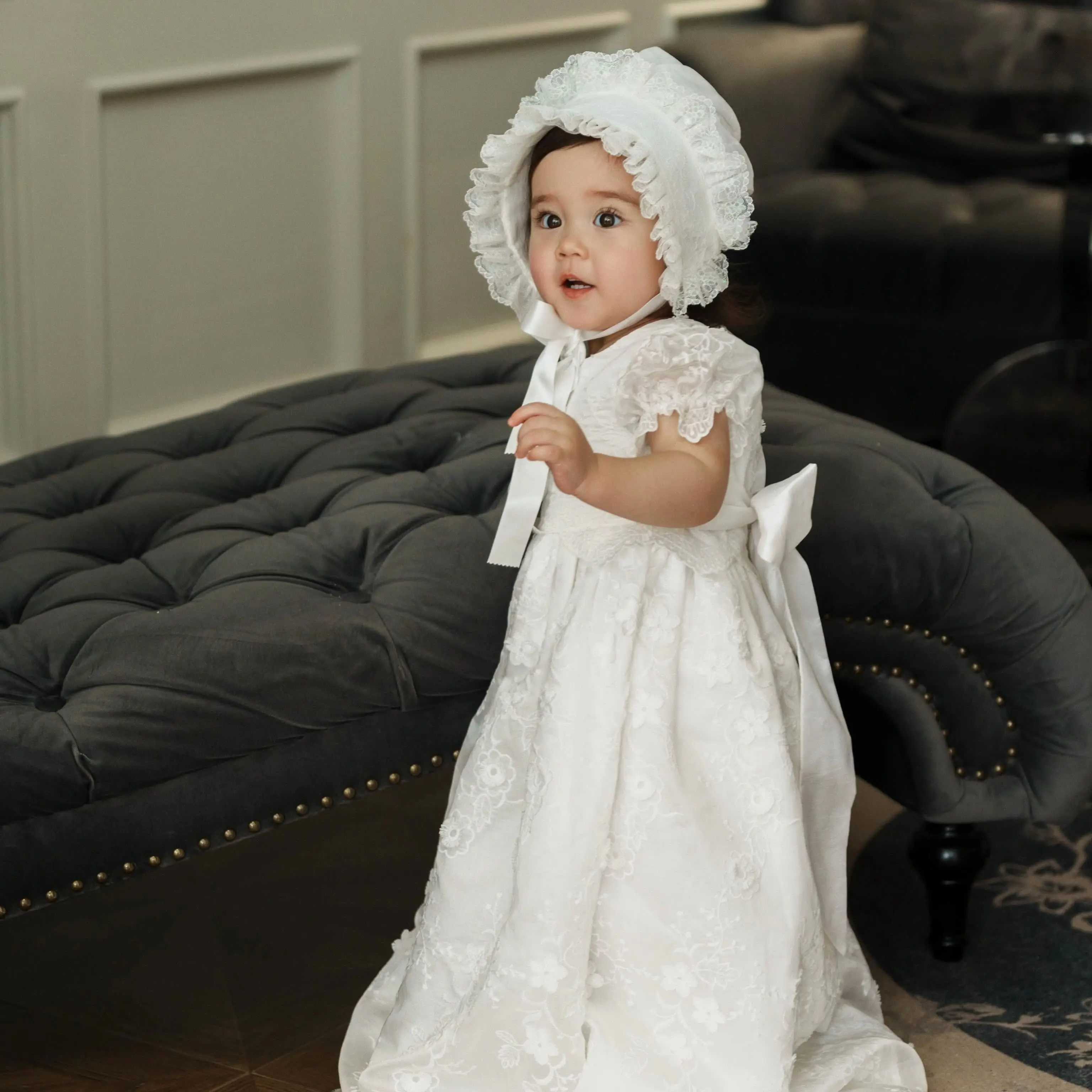 Customized Lace Christening Gown for Baby Short Sleeve First Communion Dress Infant Toddler Girls Baptism Dresses