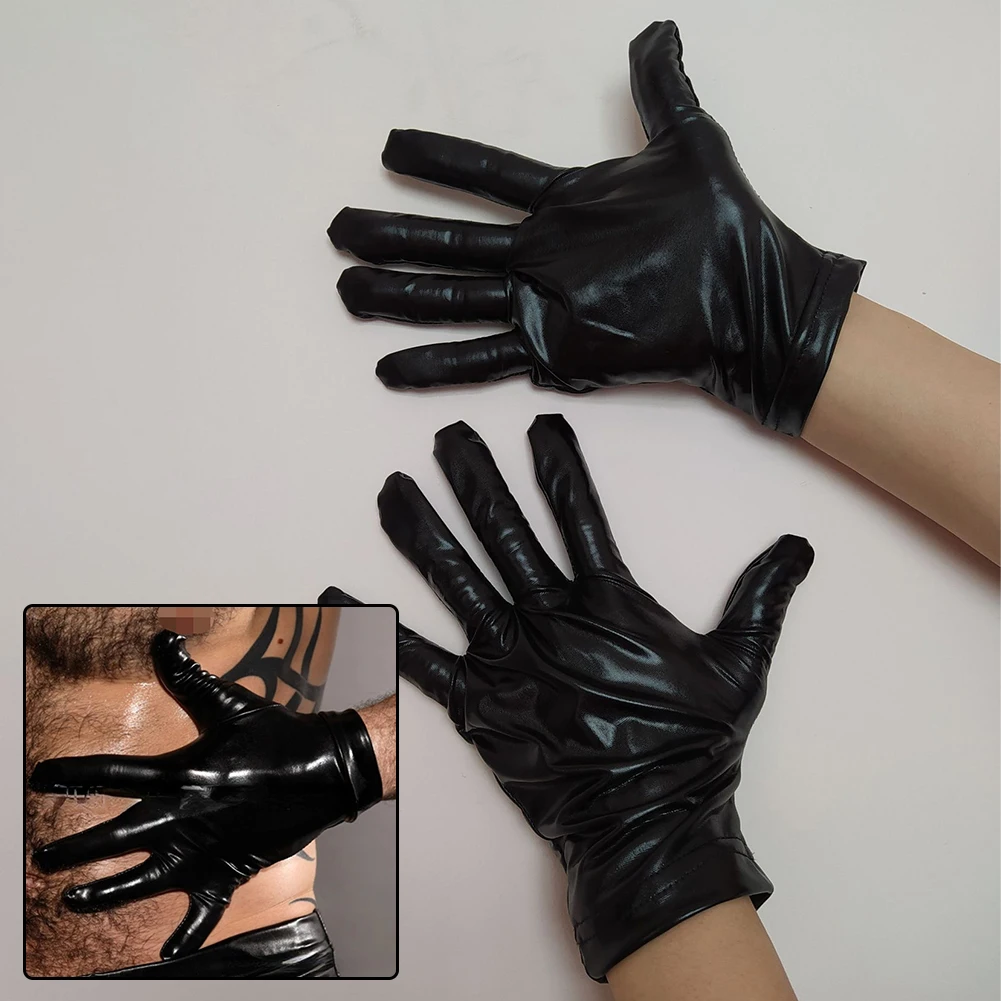 Heren Glanzende Faux Lederen Handschoenen Latex Lakleer Full Finger Handschoen Cosplay Accessoire Heren Latex Fetisjs Gay Handschoenen