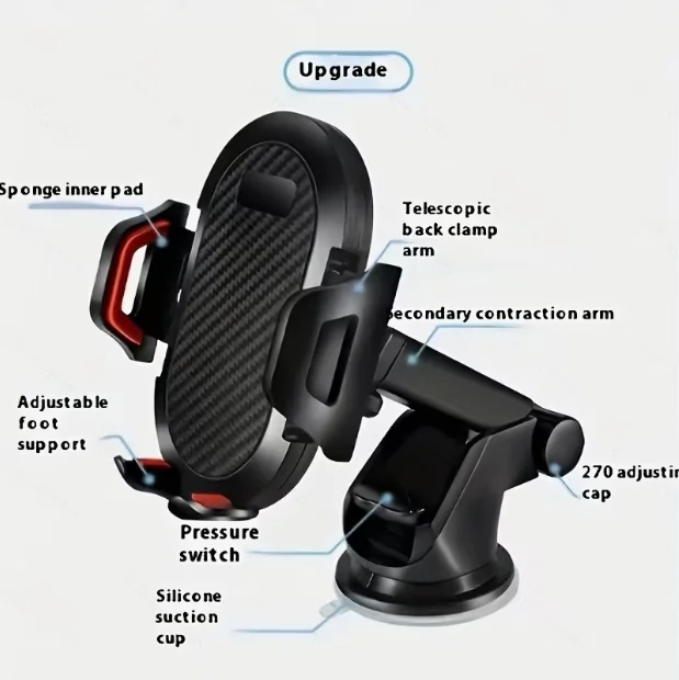 Upgraded Reliable Suction Cup Dashboard Car Phone Mount, Strong Grip Dashboard Mount - 360° Adjustable, Expandable Arm, Compatible With All Smartphones