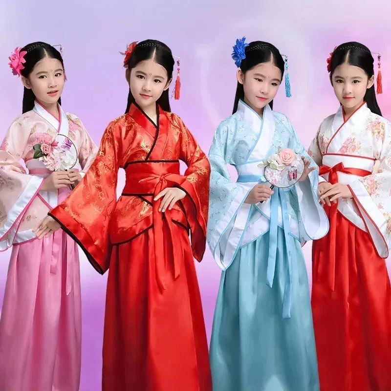 

Chinese silk robe Costume Girls Children Kimono China Traditional Vintage Ethnic Fan Students Chorus Dance Costume Hanfu