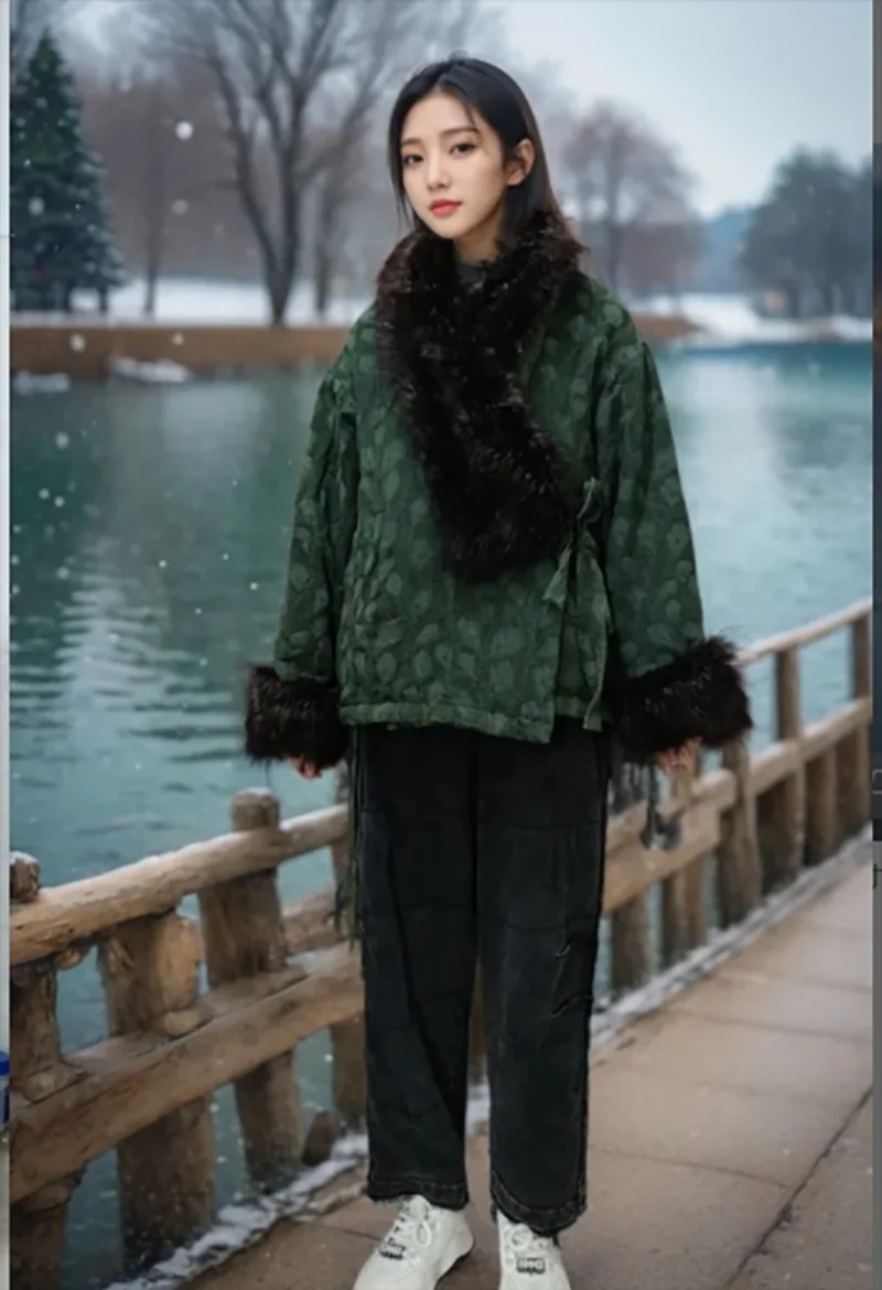 سترة قطنية مطبوعة عرقية عتيقة، معطف مبطن كبير الحجم مع ياقة فرو للنساء، ملابس خارجية بوهيمية شتوية دافئة بأربطة #6