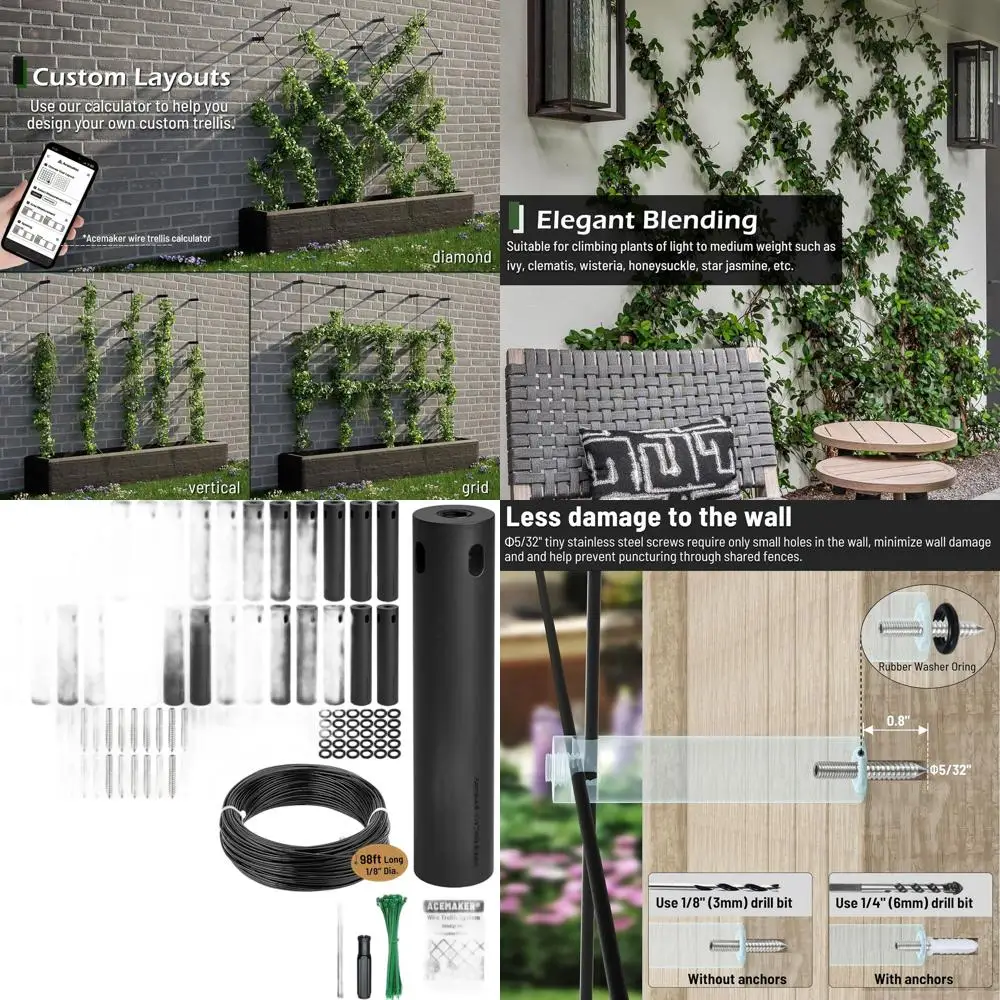 

Outdoor 30-Piece Black ABS Plastic Wall Trellis Kit with 98ft Vinyl-Coated Cable for Climbing Plants and Garden Fencing