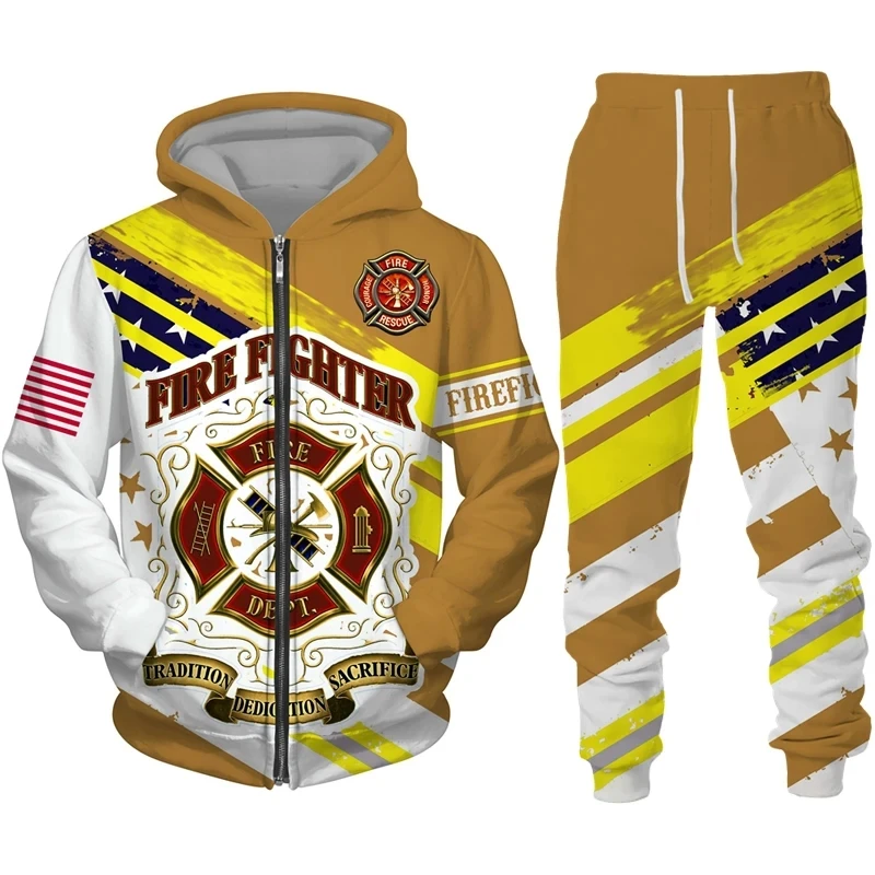 Men's Hoodie Sets Firefighter 3D Print Graphic Men's Hoodie Zipper Sweatshirt Pants Set Tracksuit Men Cool Streetwear Clothing