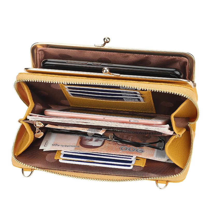 Long Double Layer Crossbody Wallet for Women Large Capacity PU Leather Shoulder Phone Bag Credit Card Holder Zipper Coin Purses