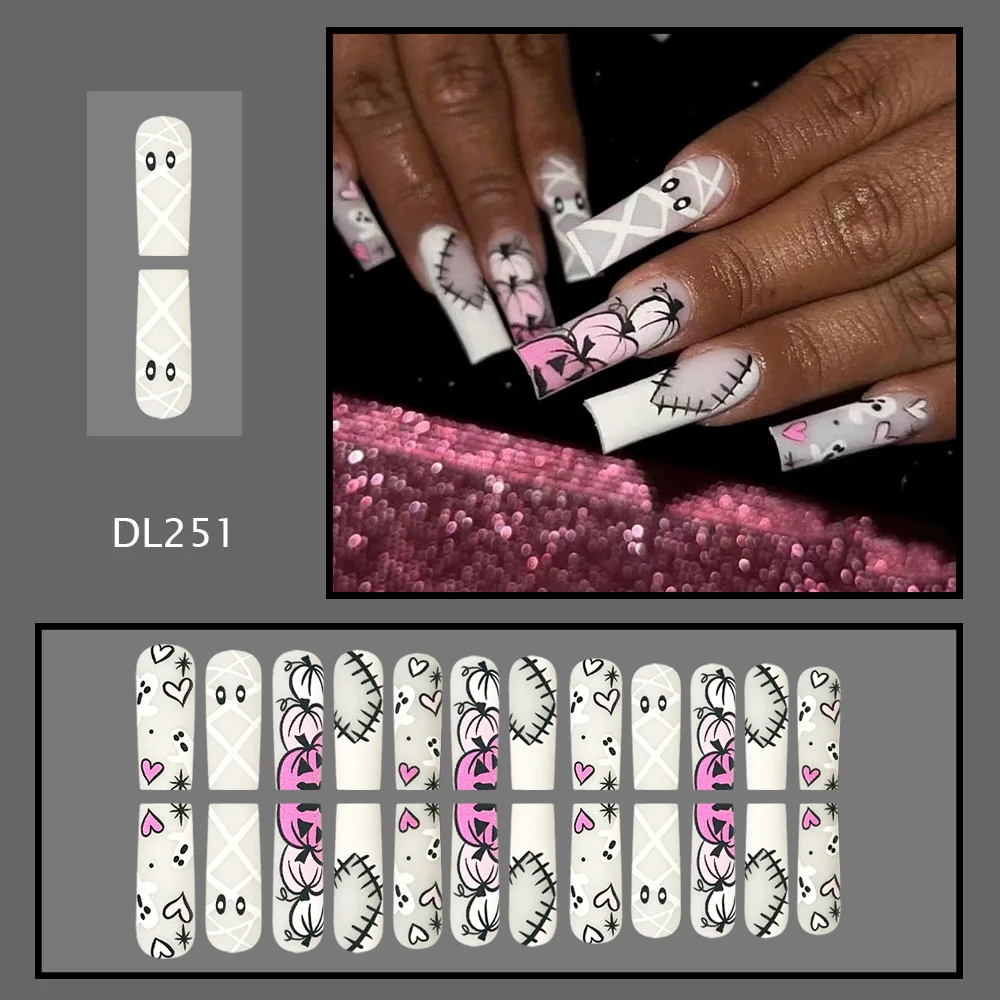 24枚入り ホワイト ロング コフィン型 つけ爪 バンドゥ風 ゴースト ホラー パンプキンデザイン ハロウィン プレスオンネイル フレンチ スパイシーガール マニキュアアート