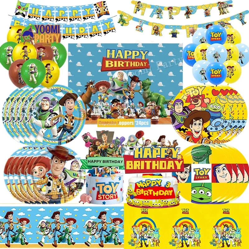 Articles de fête d'anniversaire Toy Story : Ensemble de ballons Woody et Buzz Lightyear, décorations de gâteau, bannière, assiettes, gobelets, décorations de baby shower