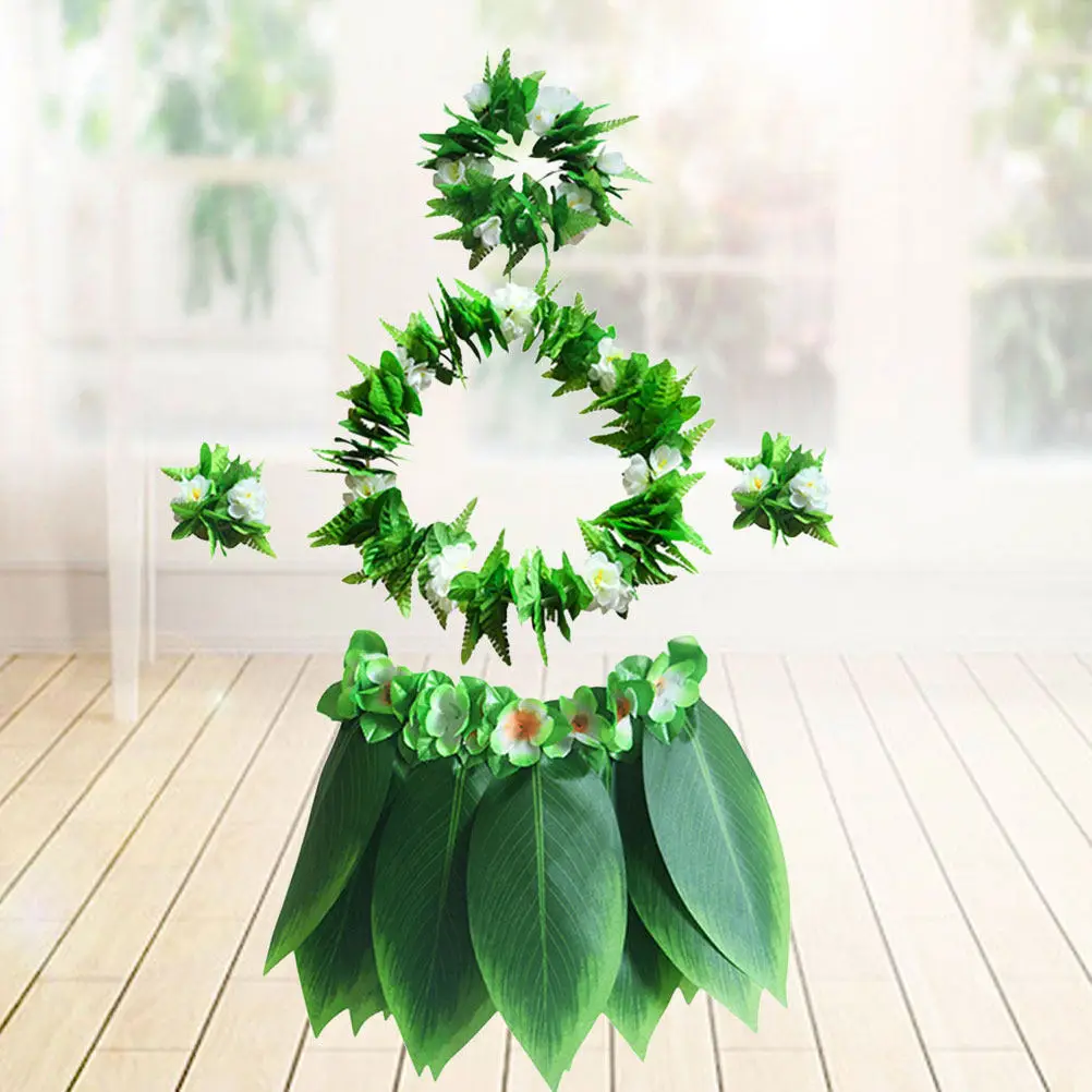 

5Pcs Leaf Skirt Garland Set Hula Dance Skirt Adjustable Elastic Waistband Tropical Hawaii Theme Party Costume Decoration
