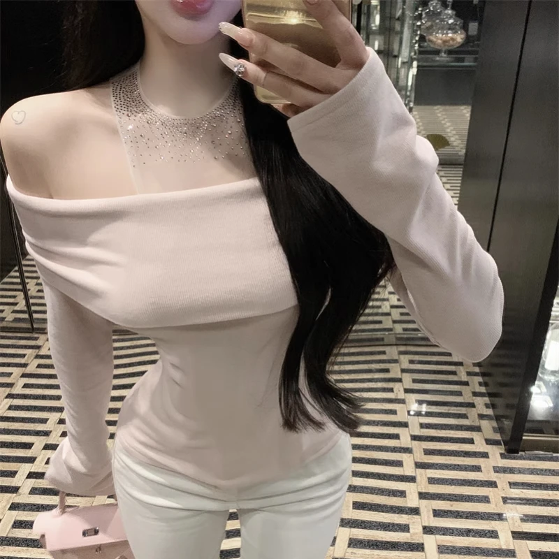 Korean Mesh Splicing Fake Two-piece Pink Long-sleeved T-shirt Women 2025 Spring New Streetwear Strapless Sexy Slim Knitted Tops