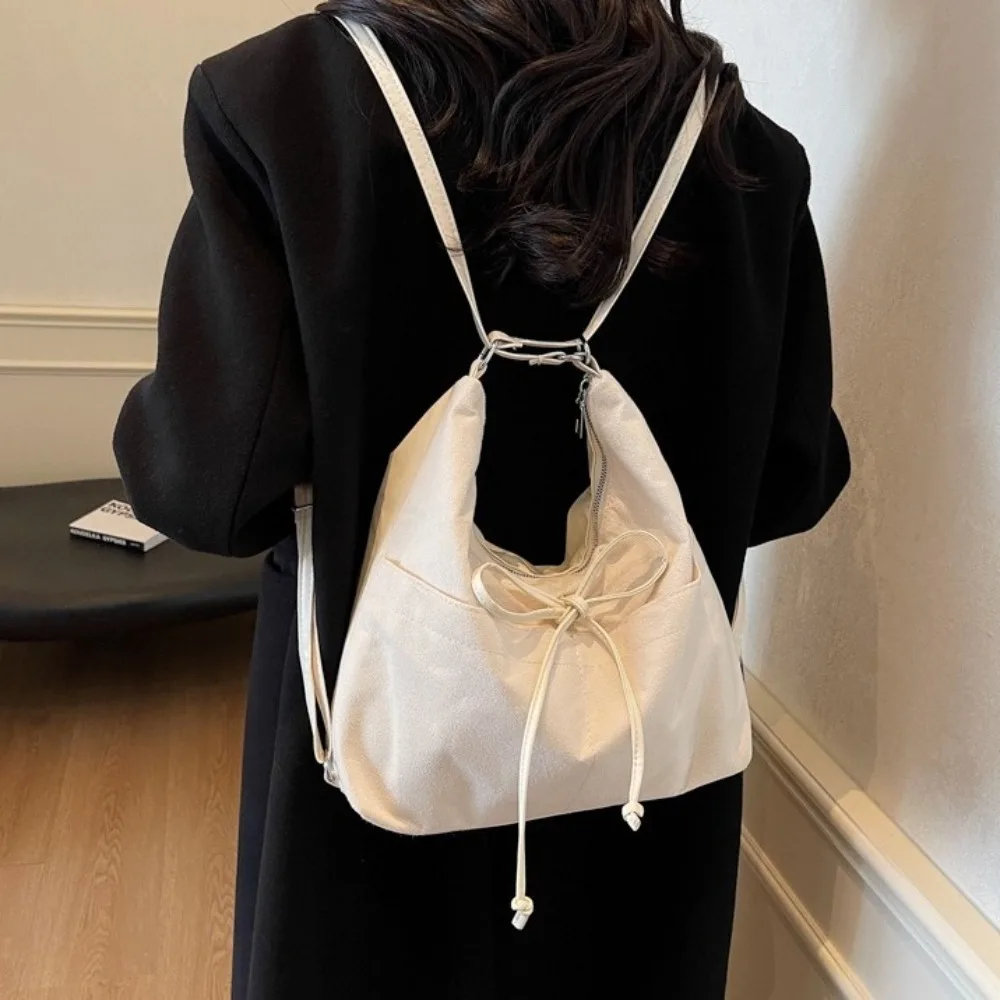 Retro Large Capacity Bow Backpack Solid Color Leather Suede Shoulder Bag Korean Style Zipper Shoulder Tote Bag Daily