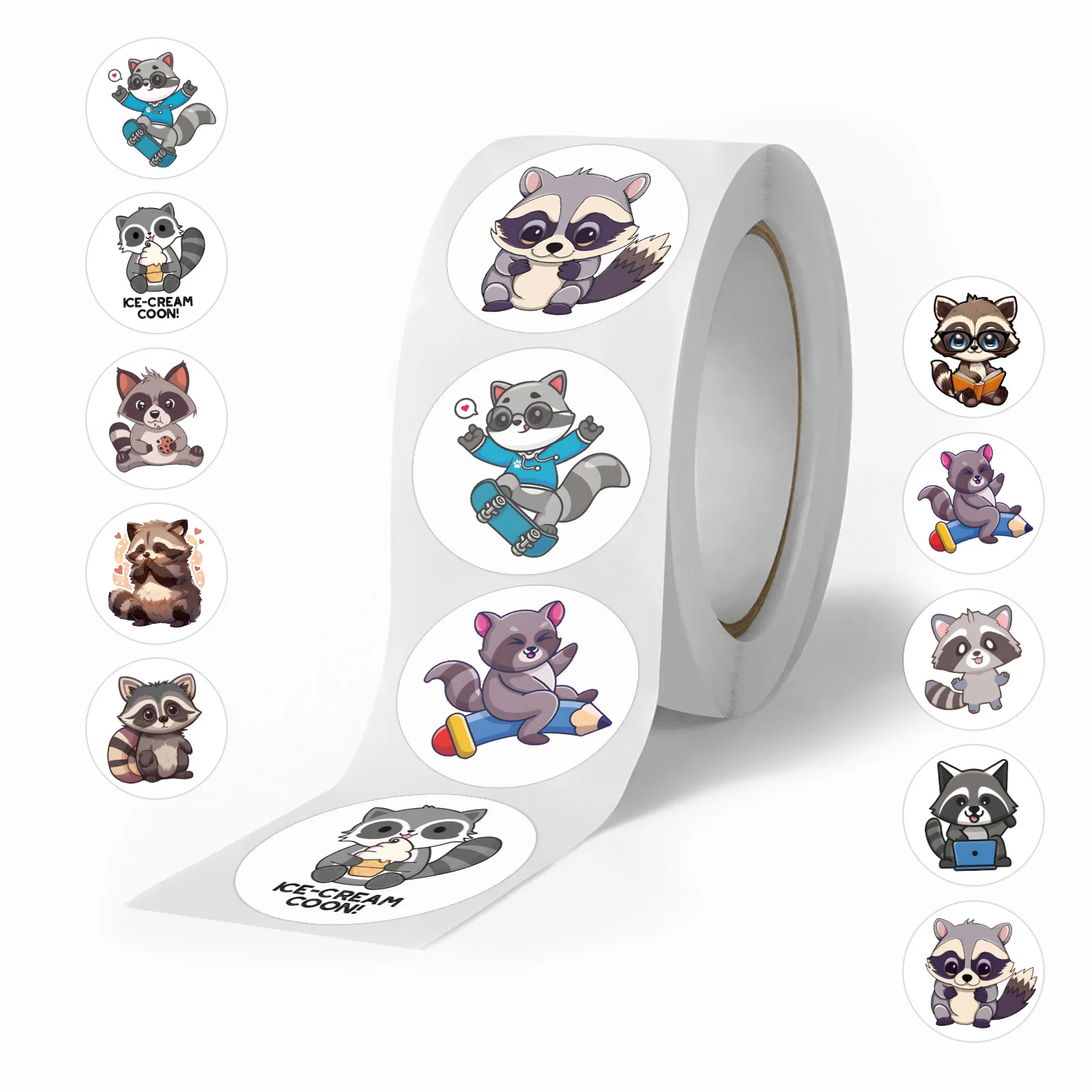 500Pcs/Roll Cartoon Raccoon Roll Sticker Cute Animal Graffit