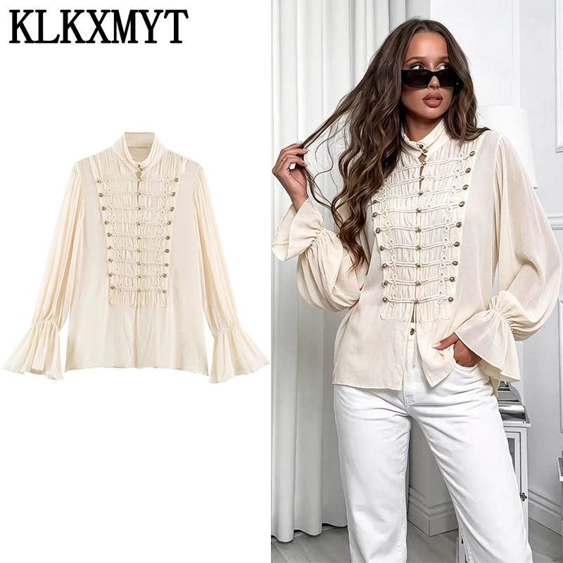 KLKXMYT Damenmode Hemd mit Seilknotenverschluss, ausgestellten Ärmeln, durchscheinend, romantischer Stil, elegante Bluse