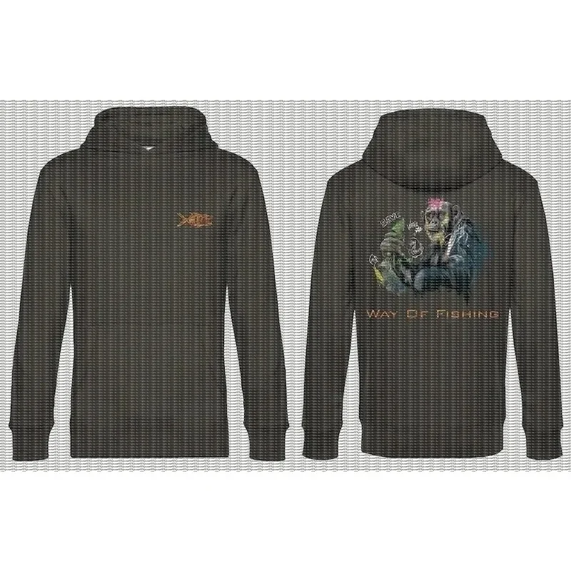 Luya Fishing Hoodie, Chest Fishbone, Back Watercolor Gorilla Catching Fish Pattern, Loose Hoodie