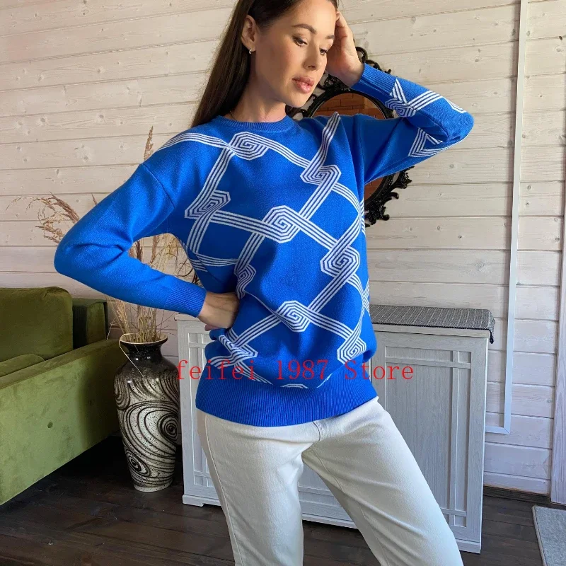 Imagem -03 - Malha de Impressão Feminina O-pescoço Camisola Pullovers Inverno Nova Manga Longa Solta Todos os Jogos Blusas Senhoras Casual Jumpers 2023 de