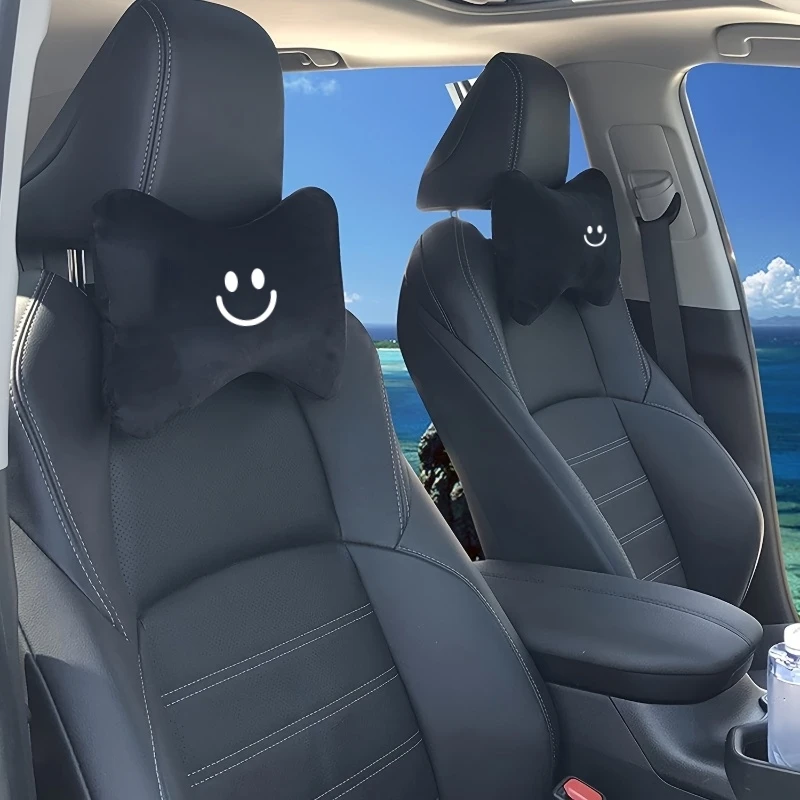 Black Bone-Shaped Car Neck Pillow with Cute Smiley Face, Car Headrest, Neck Support Pillow for Driving and Travel