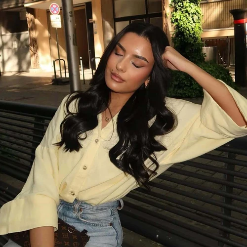 Imagen 2 del producto HXAO, camisas y blusas para mujer, camisa de lino amarilla de verano, camisa blanca de gran tamaño de manga ancha para mujer, camisas informales con botones a rayas