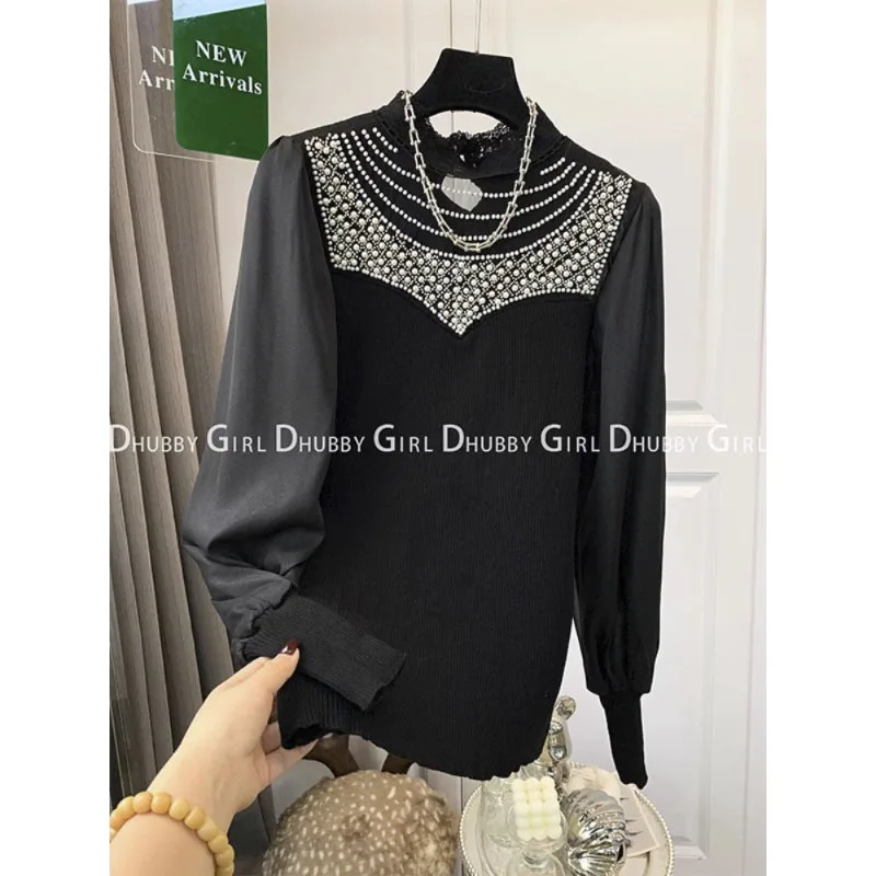 

Y2K Sexy chic Sweater Girls Knitwear Vintage Korean Slim-fit Stylish Mesh Beaded Design Vintage Women's Tops