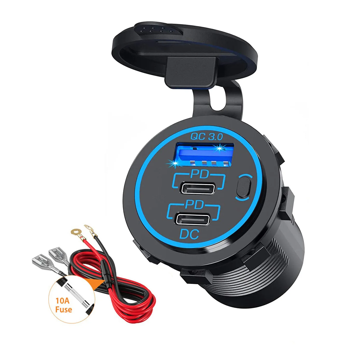 USB Car Charger Power Outlet QC3.0+Dual PD Fast Charger Socket with Switch for Car Marine Motorcycle