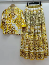 Summer women's new two-piece lapel short sleeve short printed shirt+high waist and big skirt fashion and elegant suit