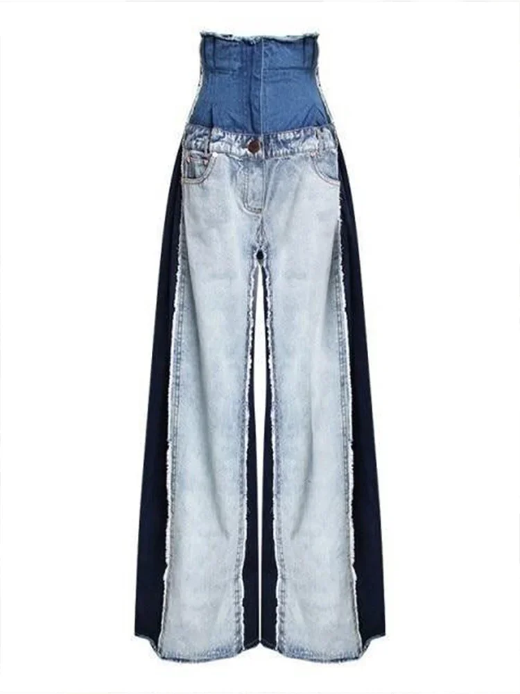 Damskie jeansy z wysokim stanem, patchworkowe, vintage, streetwearowe spodnie dżinsowe, codzienne, z blokami kolorów, patchworkowe, z surowym wykończeniem, szerokie nogawki, spodnie dżinsowe.