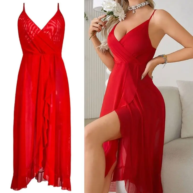 Y3NE Stylish Elegant V Neck Cutout Back Sleeveless Thin Strap Nightie For Women Breathable Sheer Fabric Lounge Dress