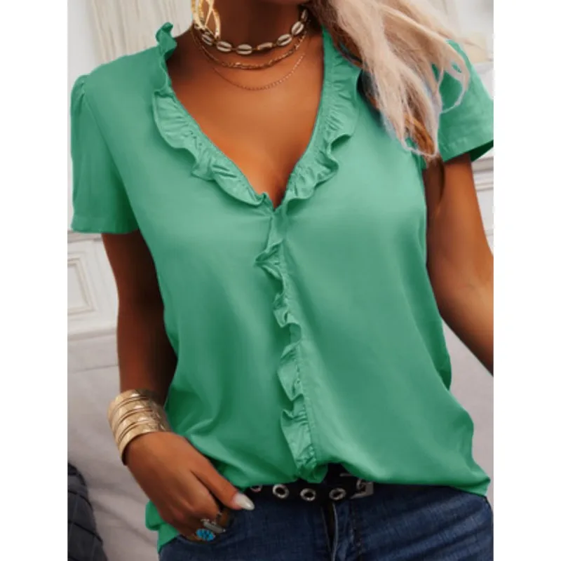 Elegant Light Blue Loose Shirt 2024 Summer Solid Color Ruffle Shirt Women's Top Short Sleeve Shirts Office Lady Pullover Blouse