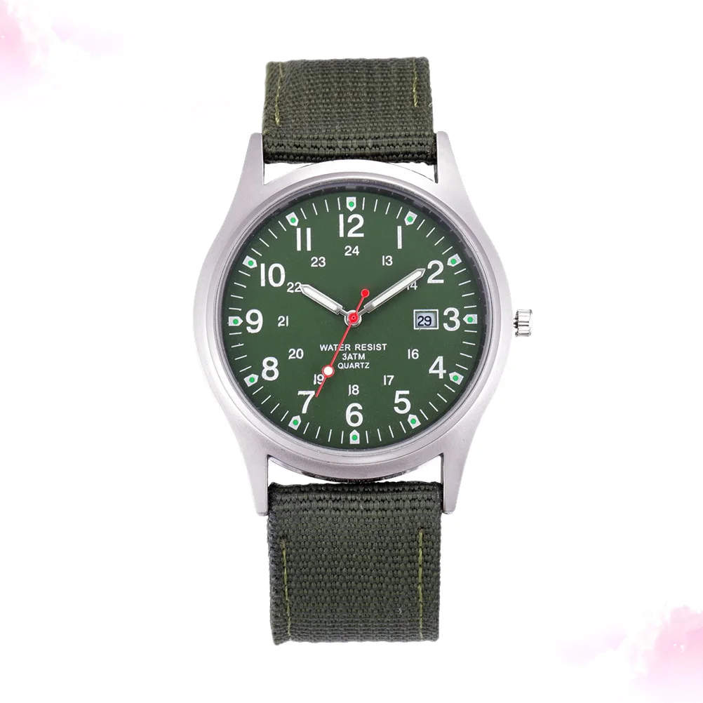 1pc Military Green Canvas Band Quartz Movement Calendar Function Men'S Fashion Wristwatch Durable Male Timepiece