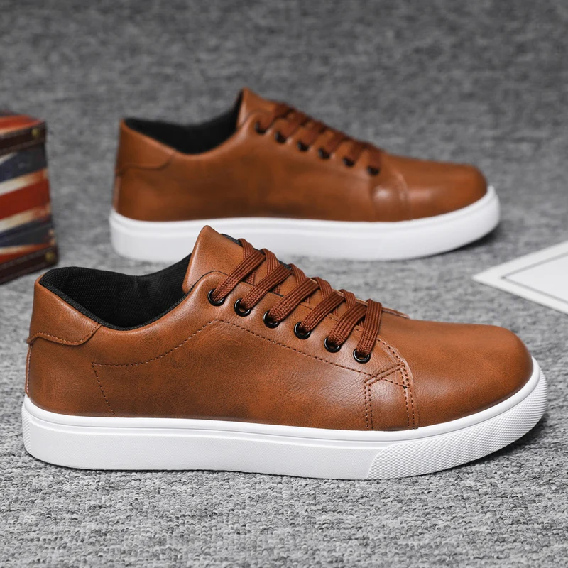 Thick-soled Casual Sneakers Trendy Lace-up Walking Shoes Spring Anti-slip Comfortable Vulcanized Shoes Classic Men Leather Shoes