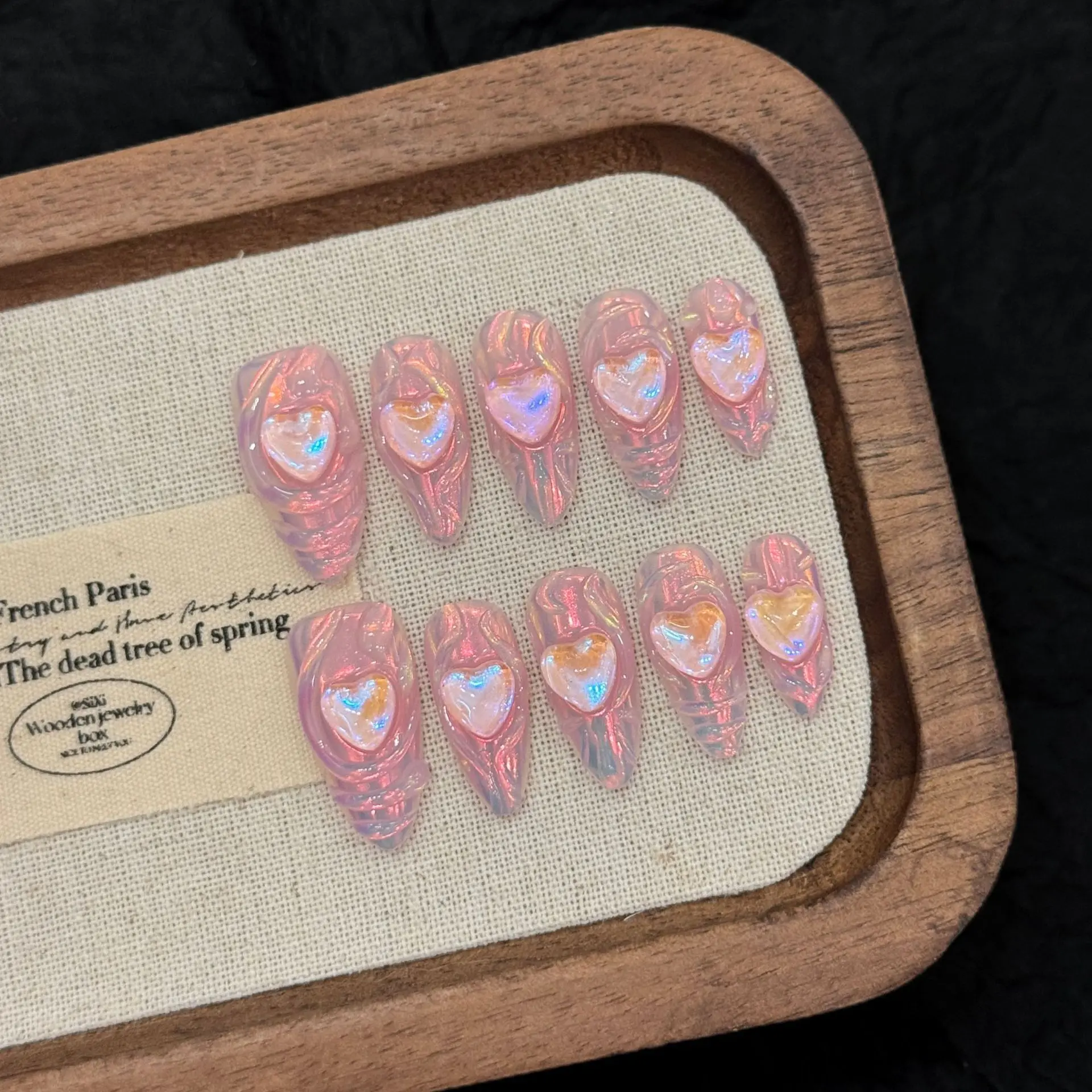 10pcs Fantasy Aurora Pink Handmade False Nails Y2k Spicy Girls Shiny Almond Fake Nails 3D Love Heart Stripe Design Press On Nail