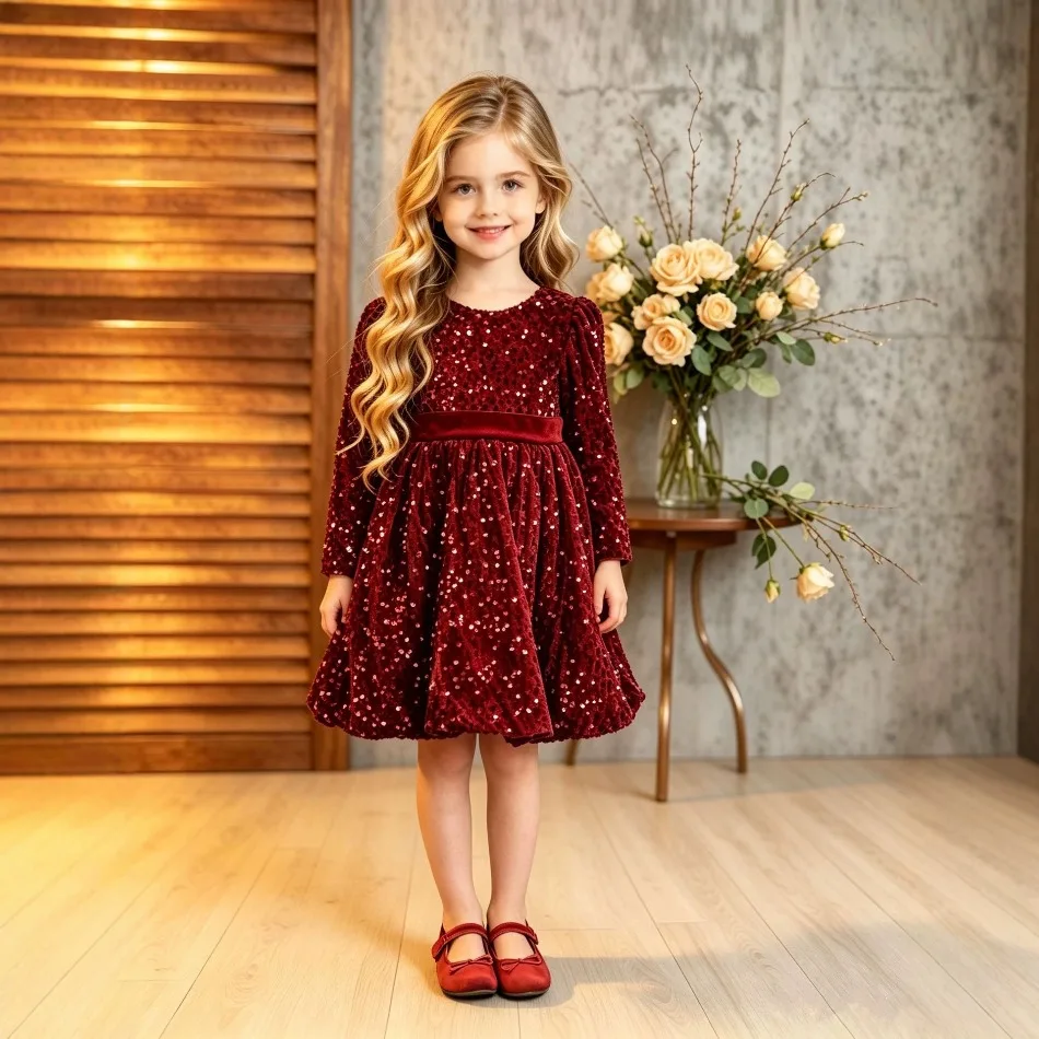 Girls Wine Red Velvet Sequin Princess Dress Long Sleeve Big Back Bow A‑Gown Kids Fall Winter Holiday Party Evening Dress ZD36