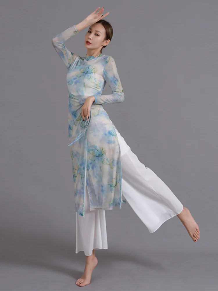 

Лето 2022, светло-голубое сетчатое платье с длинными рукавами и разрезом по бокам и регулируемыми бретелями для классического танцевального выступления на сцене