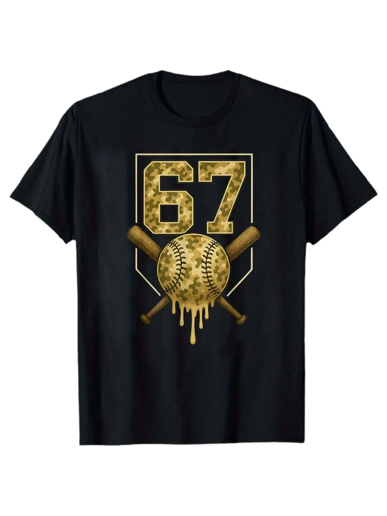 Baseball Themed 67 Gold Camo Print T-Shirt Cool Sports Style Number Logo Short Sleeve