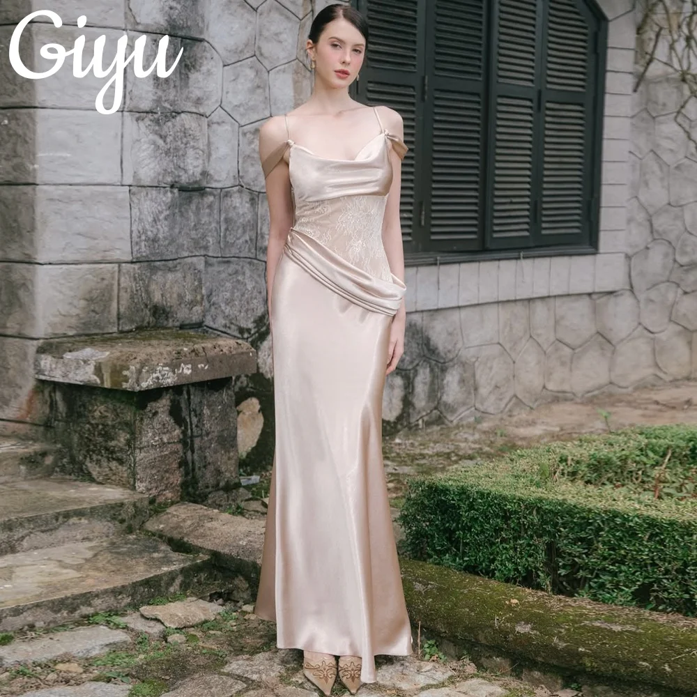 

Giyu Элегантное атласное вечернее платье цвета шампанского на тонких бретельках с драпировкой Русалка с кружевом Платье для выпускного вечера для особых случаев по индивидуальному заказу 2025