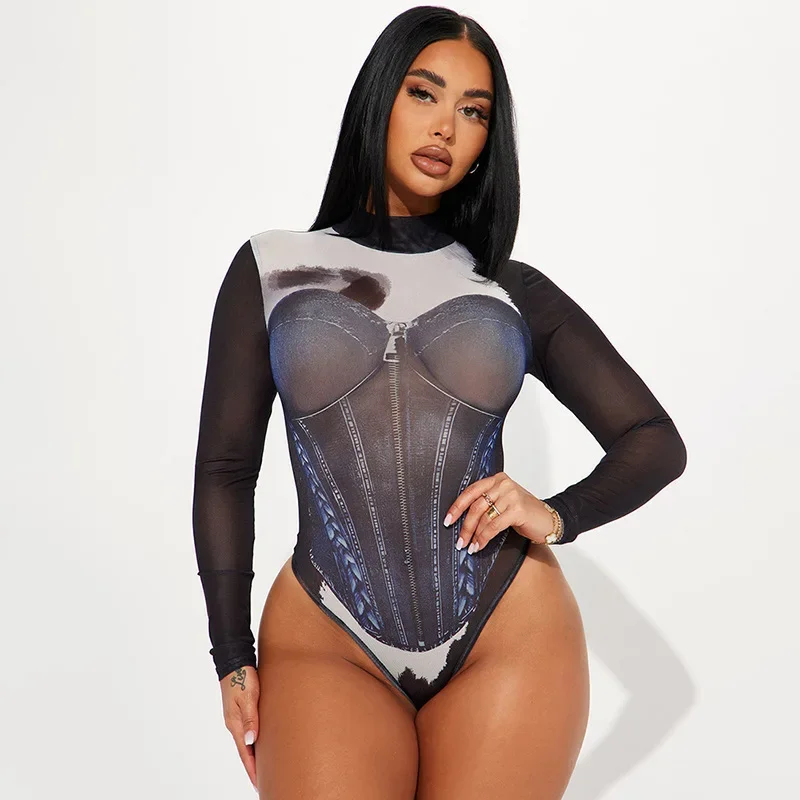 

Fashion Y2K Women Bustiers Printed Bodysuits Skinny Rompers Long Sleeve Mesh Bodysuit One Piece Outfits Sexy Jumpsuits Overalls