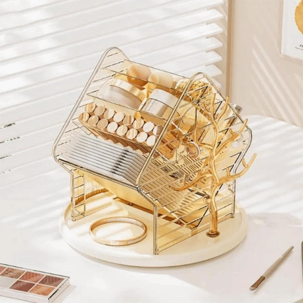 

Большая вместимость 360 ° Вращающийся органайзер для косметики с разделителями, нескользящий, экономящий место, пластиковый, для туалетного столика