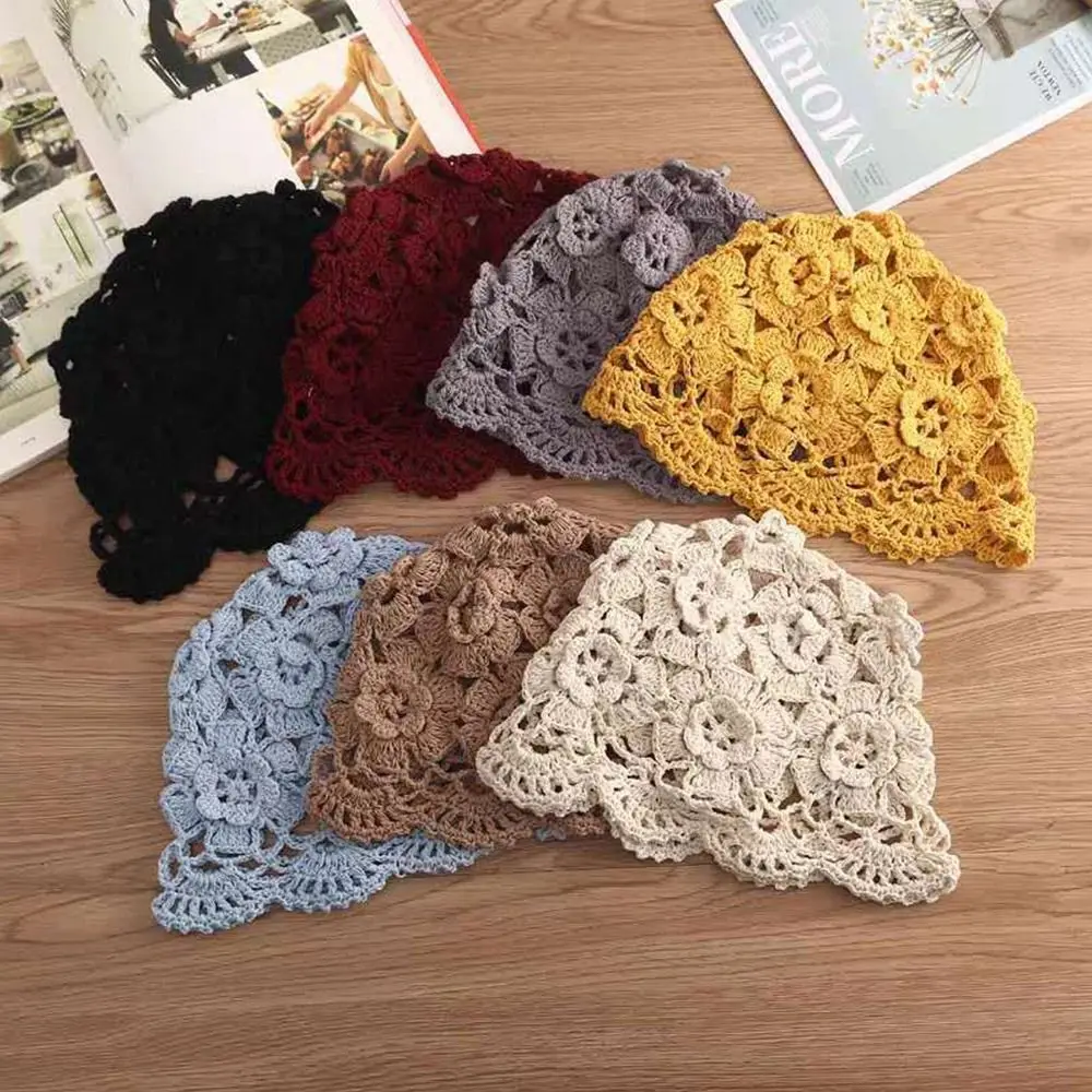 1 Pcs Cotton Spring Summer Hand-woven Thread Knitting Thin Hollowed Out Breathable Tide Woolen Melon Leather Baotou Hat ﻿