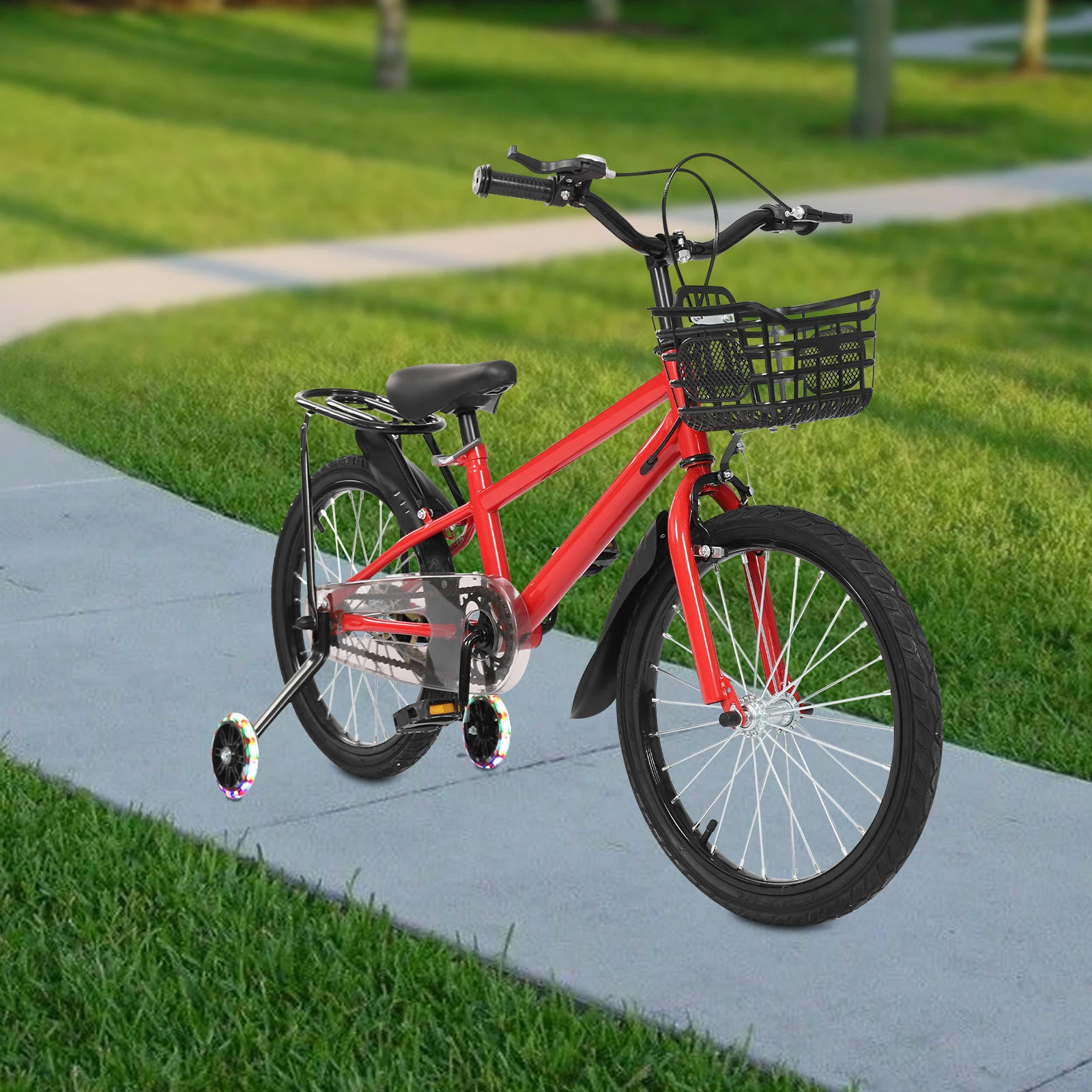 

Red 18-Inch Kids Bike with Training Wheels - High-Carbon Steel Frame, 110lbs Load, Adjustable Seat/Handlebar, Dual Brakes