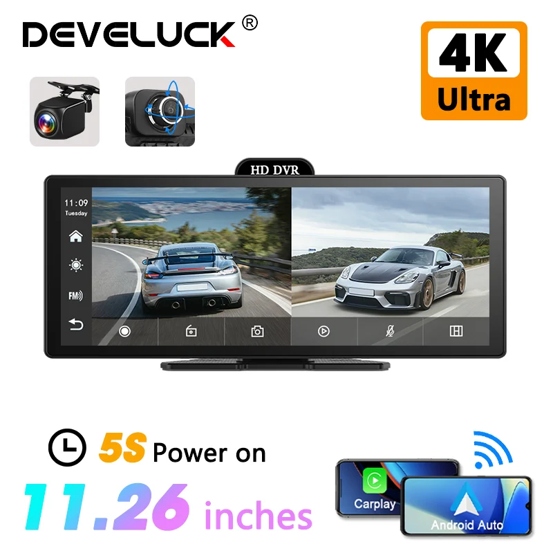 Develuck Official-website 11.26'' 4K DVR Dash Cam CarPlay Monitor Car Screen Android Auto Video Recorder Black Box 5G WiFi BT FM