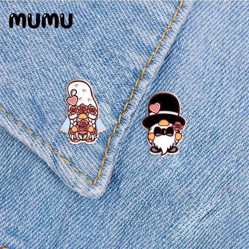 2024 New Bride and Groom Gnome Lapel Pin Romantic Acrylic Brooches Handmade Epoxy Jewelry Shirt Bag Badge