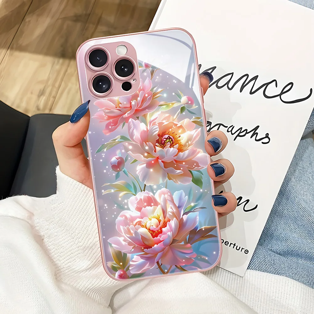 

For iPhone 17 Pro Max Tempered Glass Case For iPhone 17 Air 16 15 14 13 12 11 17Promax Fundas Pink Rose Soft Bumper Glass Covers