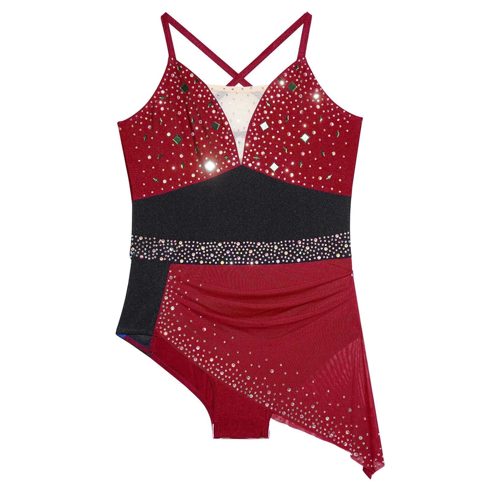 Costume de spectacle de danse lyrique pour filles, robe à bretelles Spaghetti et strass, justaucorps de gymnastique rythmique