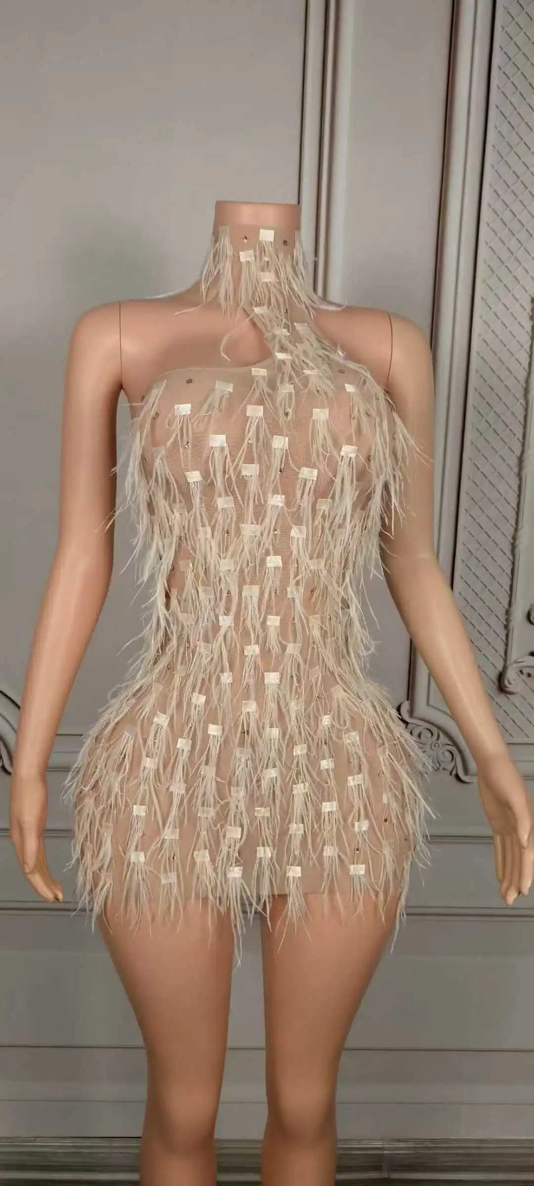 

Champagne Women Mini Dress Backless Sexy Drag Queen Outfit Night Clubwear Fringe Dressy