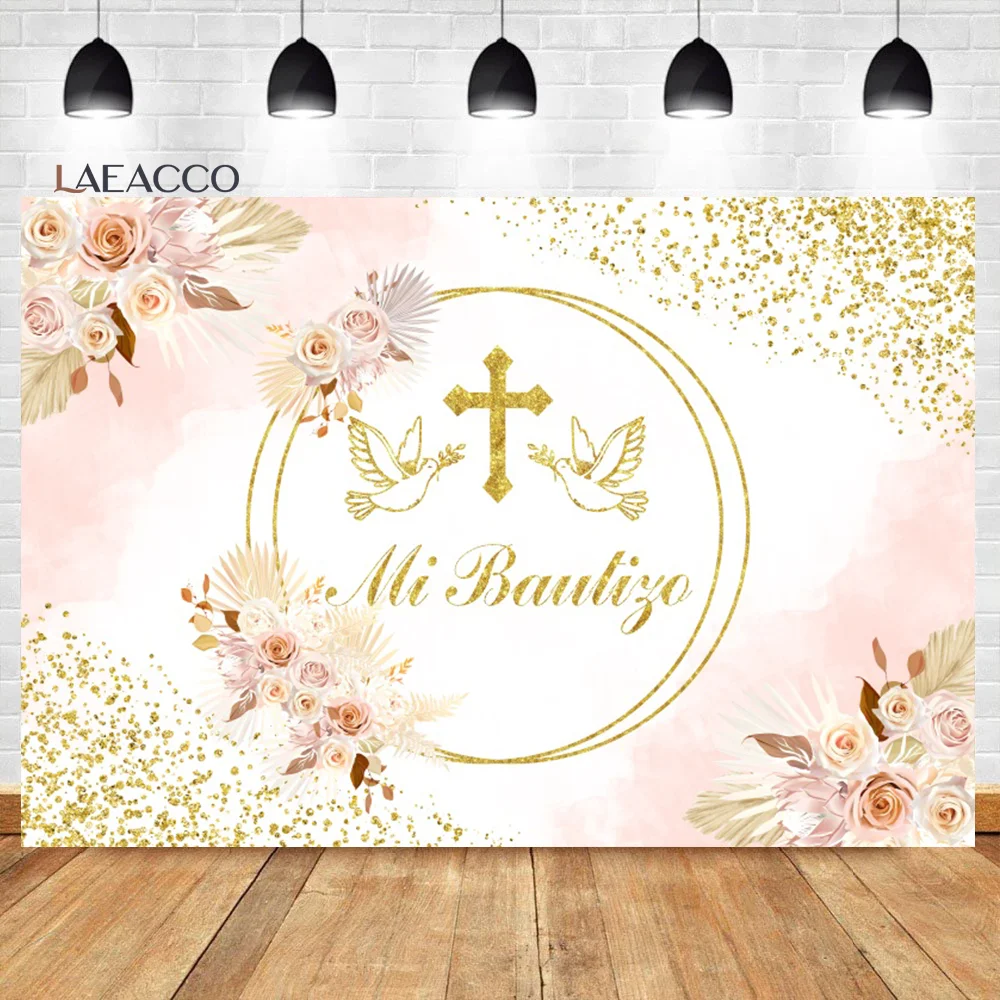 Laeacco Mi Bautizo Backdrop Cute Angel Gold Cross Peace Dove Boy Girl Baptism Christening Portrait Custom Photography Background